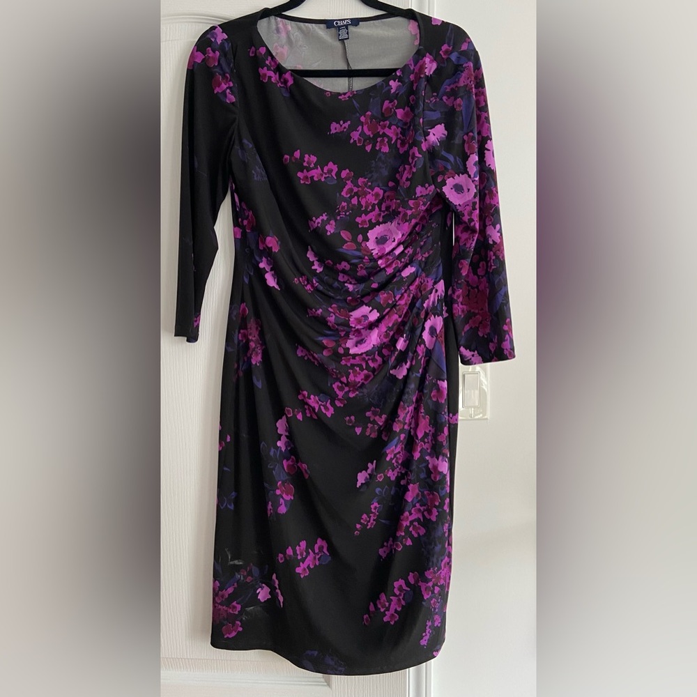 Chaps Black and Purple Long Sleeve Floral Dress